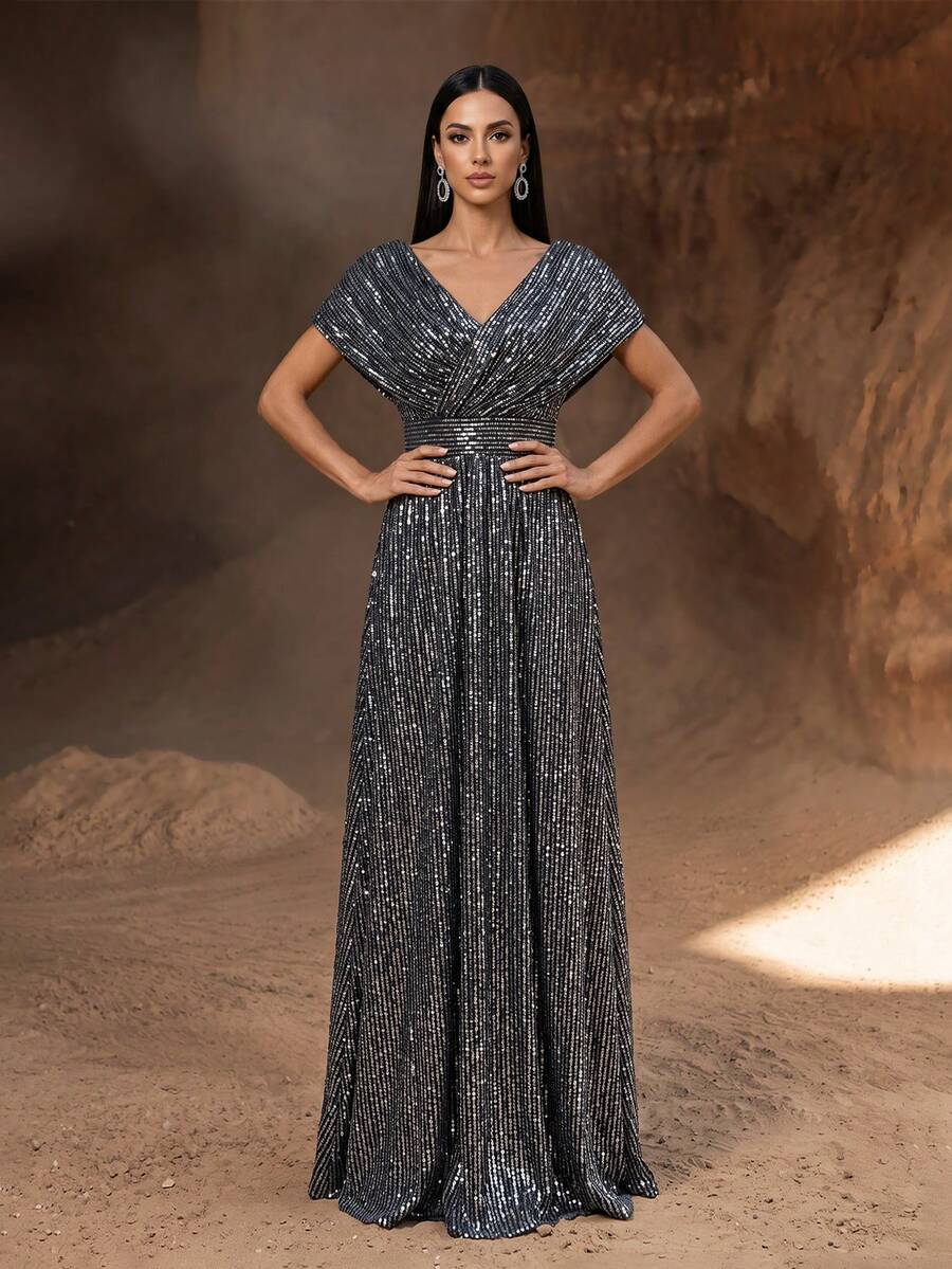 Women's Shiny Elegant V-Neck Ruched Dress For Formal Occasions Wedding - Multicolor - View 1