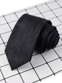 ZLQ&GOU 1 PC 7cm Black Polyester Cashew Flower Men's Tie, Premium Dark Pattern Polyester Jacquard Tie, Suitable For Wedding And Business Formal Wear - Black - View 1