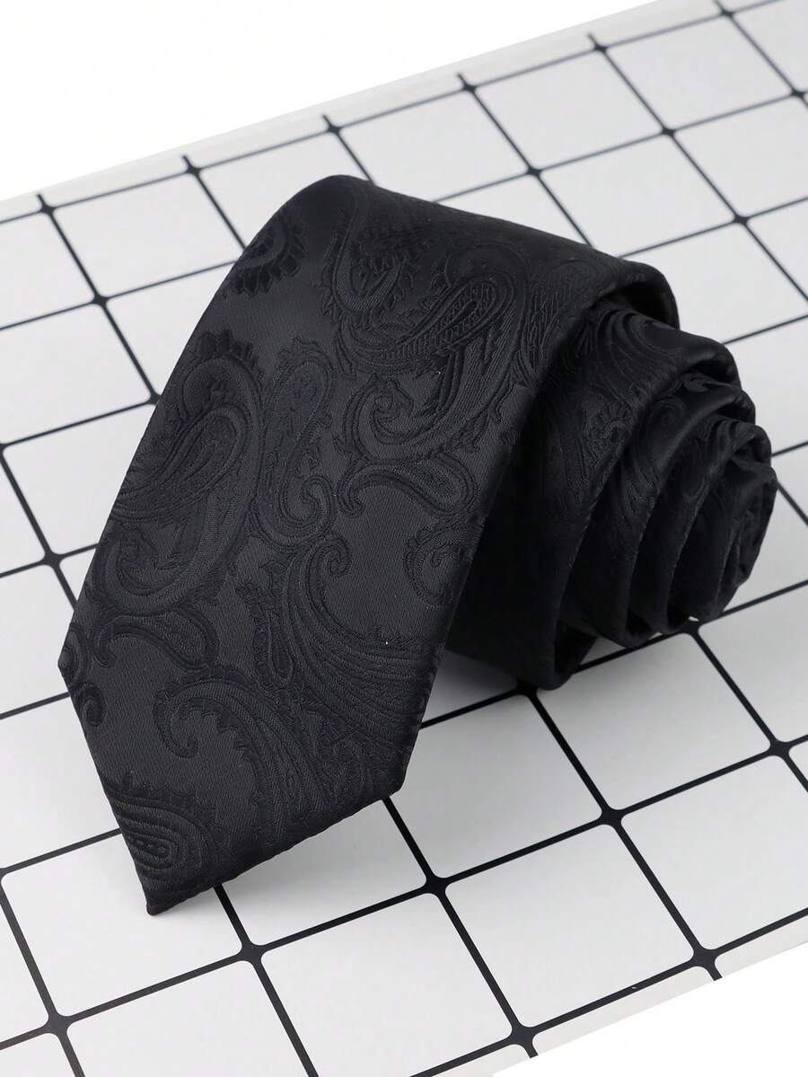 ZLQ&GOU 1 PC 7cm Black Polyester Cashew Flower Men's Tie, Premium Dark Pattern Polyester Jacquard Tie, Suitable For Wedding And Business Formal Wear - Black - View 1