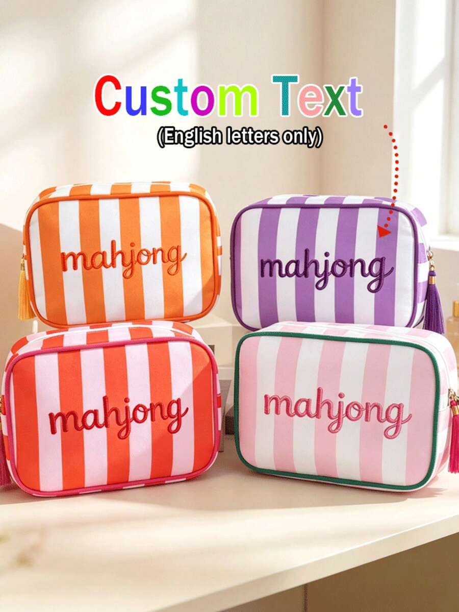 Tas Penyimpanan Kosmetik Bergaris Bordir yang Dipersonalisasi, Tas Genggam Perjalanan Multifungsi, Tas Perlengkapan Mandi Portabel Kapasitas Besar - MultiWarna - View 1