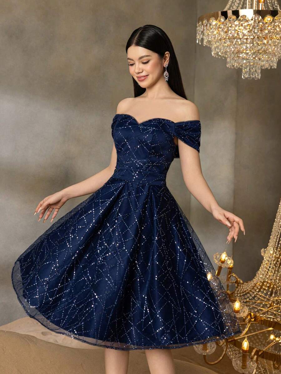 Alisa&Leo Shiny Off-Shoulder Mid-Length Party Dress - Suitable For Summer Galas, Graduation Balls And School Formal Events - Navy Blue - View 1