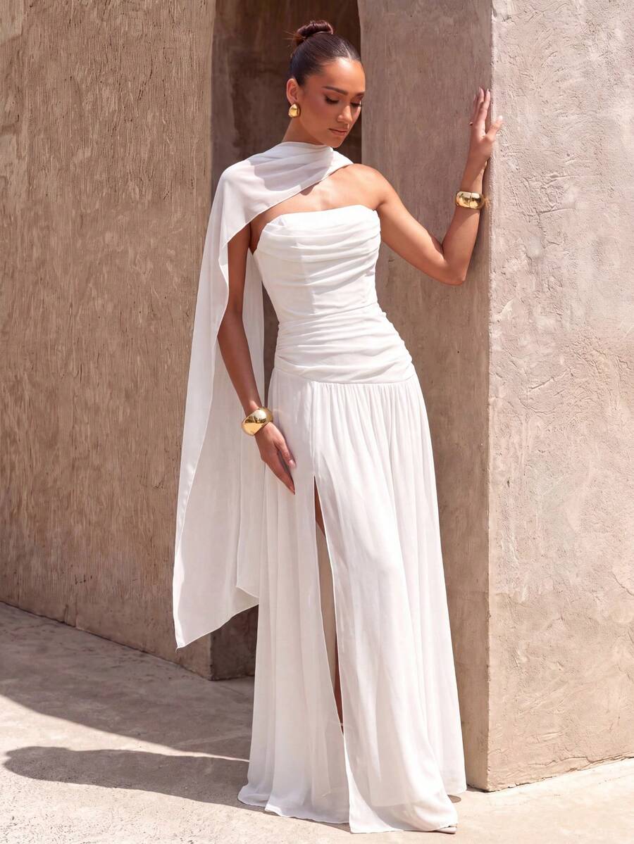 UNITHORSE Strapless Chiffon Evening Gown Dress With Ribbon Back Tie - White - View 1