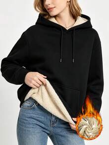 Women's Winter Fleece Lined Hooded Sweatshirt, Casual Sports Sweatshirt, Suitable For Running, Cycling, Fitness Workout - Black - View 3