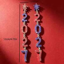 2027 New American Flag Color Rhinestone Number Tassel Earrings For Women, Niche Design, High-End Elegant Long Earrings - Snowflake Red and Blue 2027 - View 2