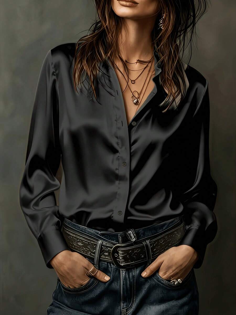 Solid Color Front Button Long Sleeve Blouse For Women Office - Black - View 1