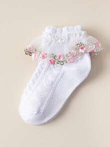 4 Pairs Girls Baby Spring/Summer White Ruffle Trim Pleated Socks With Hollow Heart Pattern, Lace Pink Embroidered Floral Multi-Trim Mesh Breathable Fashion Princess Socks, Dance Socks, Suitable For Home Daily Wear/Travel/Back To School (Fits 0-12 Years) - Multicolor - View 3