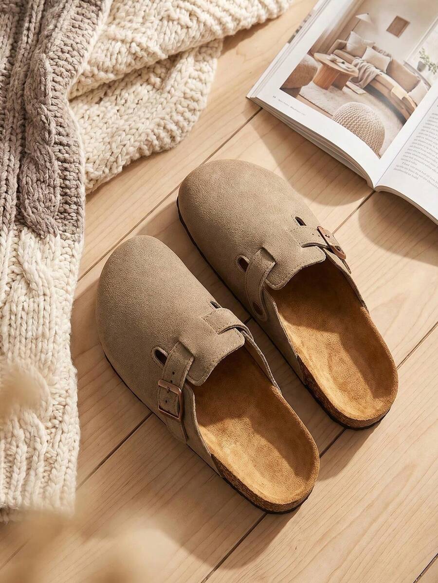 Men's Plus Size Half-Covered Slippers, Soft Cork Sole Fashion Suede Shoes, Men's Perforated Slide Sandals, Outdoor Indoor Arch Support Slippers