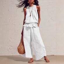 New Summer Casual Linen Two-Piece Women's Sleeveless Ruffled Wide-Legged Pants Suit - 白色 - 查看 2