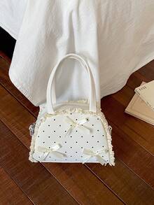 Bolso bandolera con lazo decorativo, encaje, volantes y lunares - Beis - Ver 4