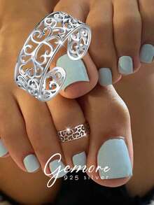 1 pieza Anillo de dedo del pie de plata de ley 925 exquisito y único con diseño de flor hueca, anillo de dedo del pie ajustable, adecuado para usar en la playa en verano - Anillo de pie con patrón hueco - Ver 1