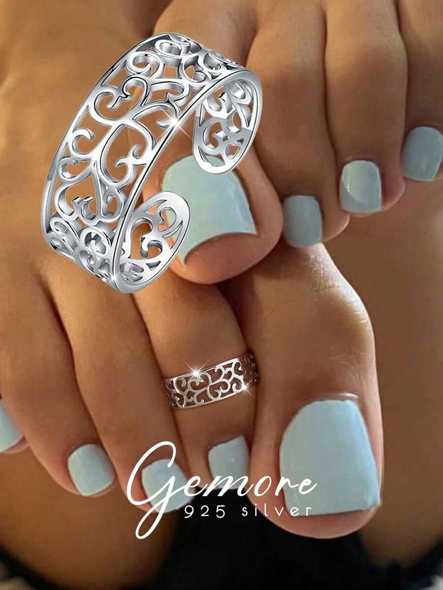 1 pieza Anillo de dedo del pie de plata de ley 925 exquisito y único con diseño de flor hueca, anillo de dedo del pie ajustable, adecuado para usar en la playa en verano - Anillo de pie con patrón hueco - Ver 1