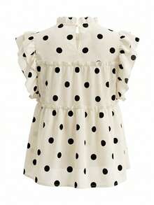 Blus Lengan Bergelombang Motif Polkadot Manis untuk Wanita, Desain Kerajinan Berat Musim Panas, Hiasan Rumbai, Atasan Longgar Unik - Aprikot - View 7