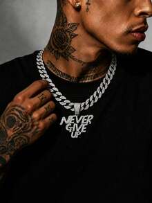男士 Never Give Up 吊墜項鍊,18K 金鏈,CZ 水鑽,嘻哈亮面街頭風飾品,派對生日情人節聖誕節男士禮物 - 字母吊墜項鍊 - 查看 2