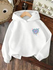 Young Girl Heart Print Long Sleeve Casual Sweatshirt - White - View 2