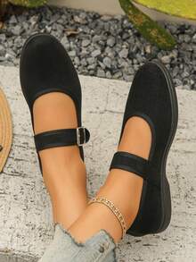 Zapatos Mary Jane de punta cuadrada planos talla grande 35-43, nuevo estilo primavera/otoño, uso diario y desplazamiento, suela blanda de vamp bajo con malla hueca y hebilla, zapatos planos para mujer para faldas, zapatos negros para todas las estaciones, - Gamuza negra - Ver 3