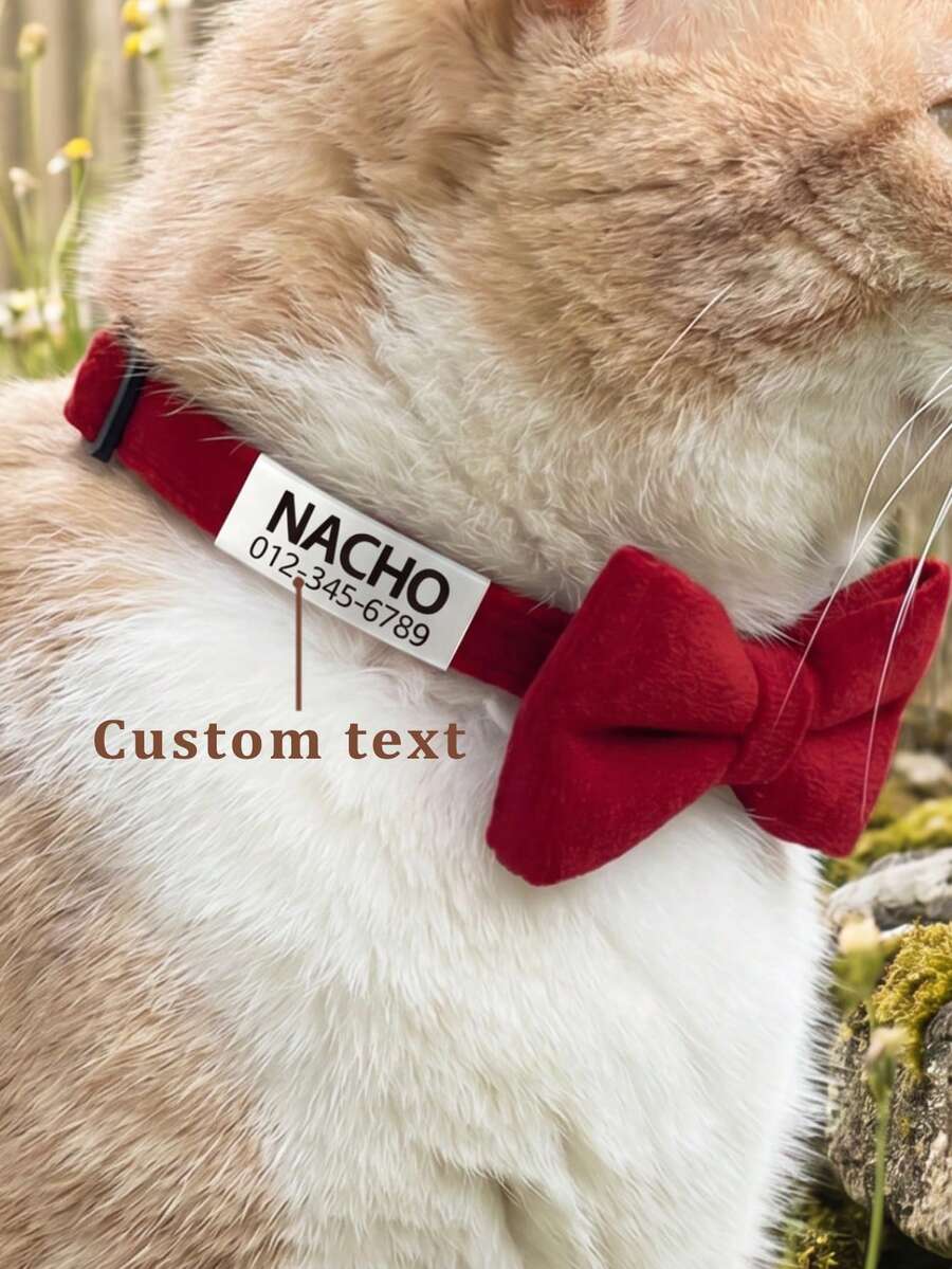 1pc Personalized Velvet Cat Collar With Detachable Bow And Bell. Customizable Engraved Anti-Lost Pet ID Tag With Name And Contact Information. Suitable For Small-Medium Cats And Dogs. Stainless Steel Pet Jewelry. - Red - View 1