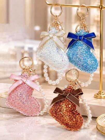 1pc Sequin Heart Faux Pearl Keychain Pendant, Key Chain Decorative Accessory, Bag Charm, Suitable For Friends, Family, Valentine's Day Gift, Birthday Gift, Holiday Gift, Party Favor