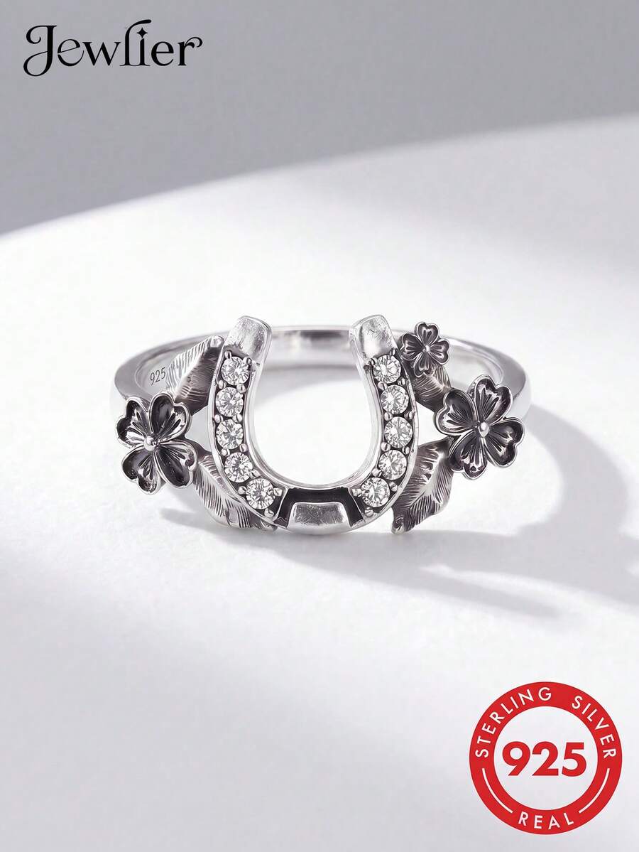 1pc 925 Sterling Silver U-Shaped Floral Ring With Rhinestones, Multiple Sizes Available, Suitable For Women, Ideal Gift For Dates