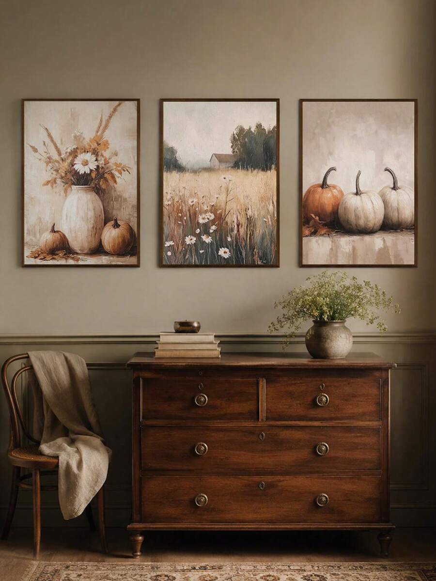 3pcs Canvas Wall Art, Framed Wall Decor, Neutral Vintage Autumn Pumpkin Wildflower Farm Canvas Wall Art, Popular Pastoral Style Autumn Watercolor Poster, Unframed Country Harvest Wall Art, Suitable For Modern Home Decor, Room Decor - Autumn Farmhouse - View 1