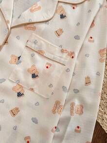 Women's Cute Teddy Bear Long Sleeve Long Pants Pajama Set, Cartoon Bear Heart Print 2 Pieces Loungewear, With Pockets And Button-Up Top - White - View 6