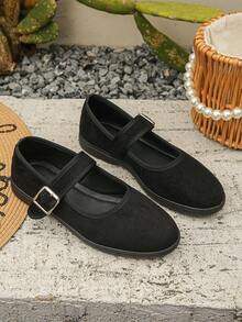 Zapatos Mary Jane de punta cuadrada planos talla grande 35-43, nuevo estilo primavera/otoño, uso diario y desplazamiento, suela blanda de vamp bajo con malla hueca y hebilla, zapatos planos para mujer para faldas, zapatos negros para todas las estaciones, - Gamuza negra - Ver 6