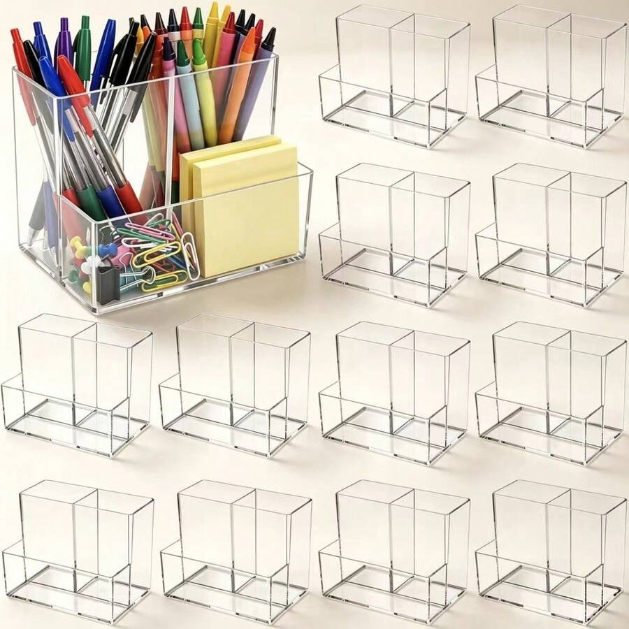 Portabolígrafos de 3 compartimentos, portabolígrafos y portamemorándums transparente de escritorio, para brochas de maquillaje, escritorio, tocador, oficina, suministros de papelería para el aula - transparente - Ver 1