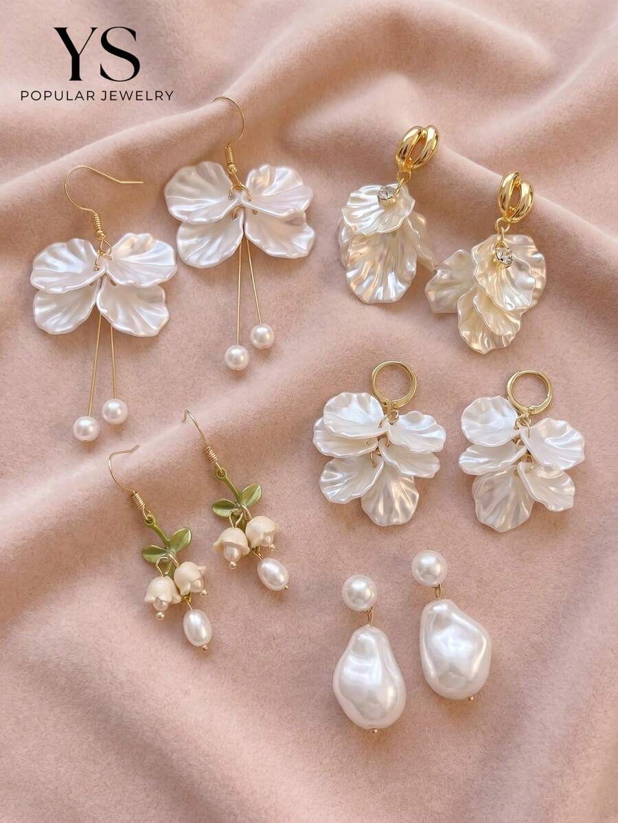 甜美溫柔仙女風花瓣人造珍珠耳釘，時尚花卉耳環（10件/5對），適合女性日常通勤，禮品珠寶套組