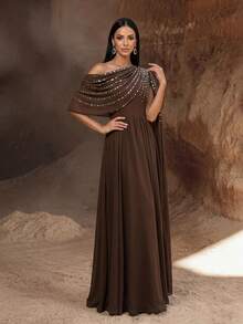 YISIKADO Vestido de noche largo con falda completa de gasa drapeada de un hombro, manga capa con strass brillante, vestido formal fluido hasta el suelo para boda de otoño - Marrón - Ver 4