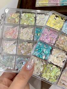 12 Grids/Box Iridescent Crushed Shell Nail Charms Thin Natural Abalone Slices Manicure Decorations Colorful Shell Fragments For Professional Salon & Home Use Summer DIY Nail Art Supplies - Multicolor - View 3
