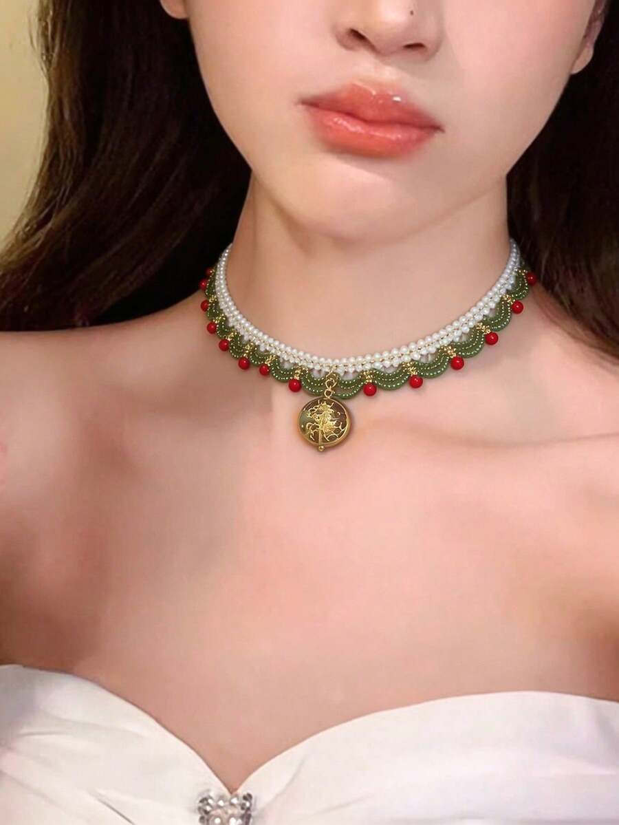 1件手工分層串珠項鍊,個性化鎖骨鏈,復古波希米亞風,女性禮物,優雅時尚,適合派對與社交場合 - 綠色 - 查看 1