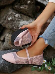 Lace Mesh Upper Structure, Breathable For Spring And Summer Wear; Light Beige Skin-Friendly Soft Padding Lining, Relieves Fatigue From Long Walks; Design With Metal Adjustable Buckle, Fits Different Foot Heights. - Pink - View 4