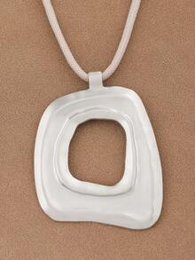 1pc Fashionable Silver & Gold Tone Asymmetric Hollow Square Pendant Necklace, Suitable For Women's Daily Wear, 18 Inches + 2 Inches Extension Chain - Silver - View 2