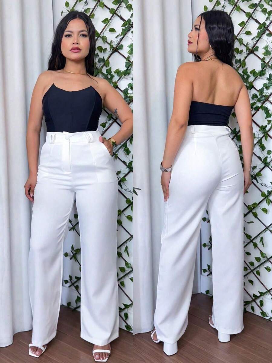 Women's Tailored Wide Leg High-Waisted Straight-Leg Trousers Elegant Office Casual Pants - 離開 - 查看 1