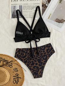Conjunto de 2 piezas de bikini halter triangular con estampado de leopardo sexy para mujer estilo europeo y americano, para vacaciones, playa y verano - Multicolor - Ver 3