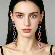 2027 New American Flag Color Rhinestone Number Tassel Earrings For Women, Niche Design, High-End Elegant Long Earrings - Snowflake Red and Blue 2027 - View 1