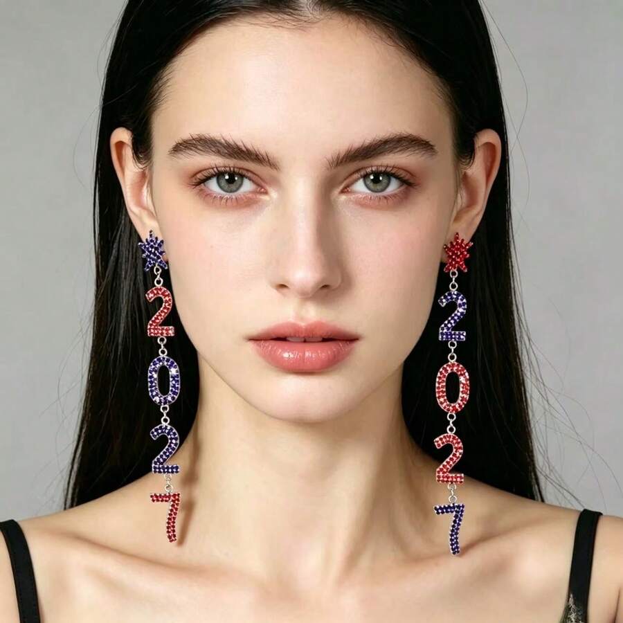 2027 New American Flag Color Rhinestone Number Tassel Earrings For Women, Niche Design, High-End Elegant Long Earrings - Snowflake Red and Blue 2027 - View 1