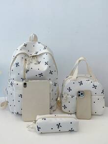3-Piece Bow Print 3-In-1 Backpack Set, Multi-Pocket Large Capacity Nylon Daily Backpack, Matching Mini Handbag And Pencil Case, College Style School Bag, Girl College Student Textbook Bag, Lightweight Portable Backpack, Multiple Colors Available, Back To School Essential, Y2K Street Style Backpack, Versatile Shoulder Bag, Suitable For Campus, Daily Commute, Casual Outdoor And Student Daily Use - Multicolor - View 4