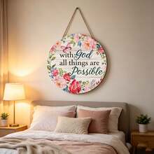 1pc Watercolor Pink Floral Butterfly Round Front Door Hanging Decor, White Wood Grain, With "God Can Do All Things" Faith Quote Wooden Wall Plaque - A - View 4