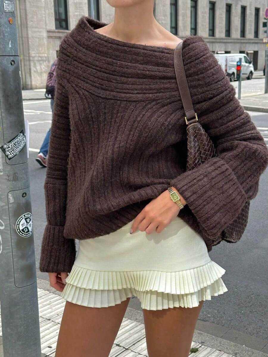 Fashionable Solid Color Ribbed Knit Sweater Women's Top, Loose Fit, Solid White Sweater, Suitable For Autumn/Winter - Coffee Brown - View 1