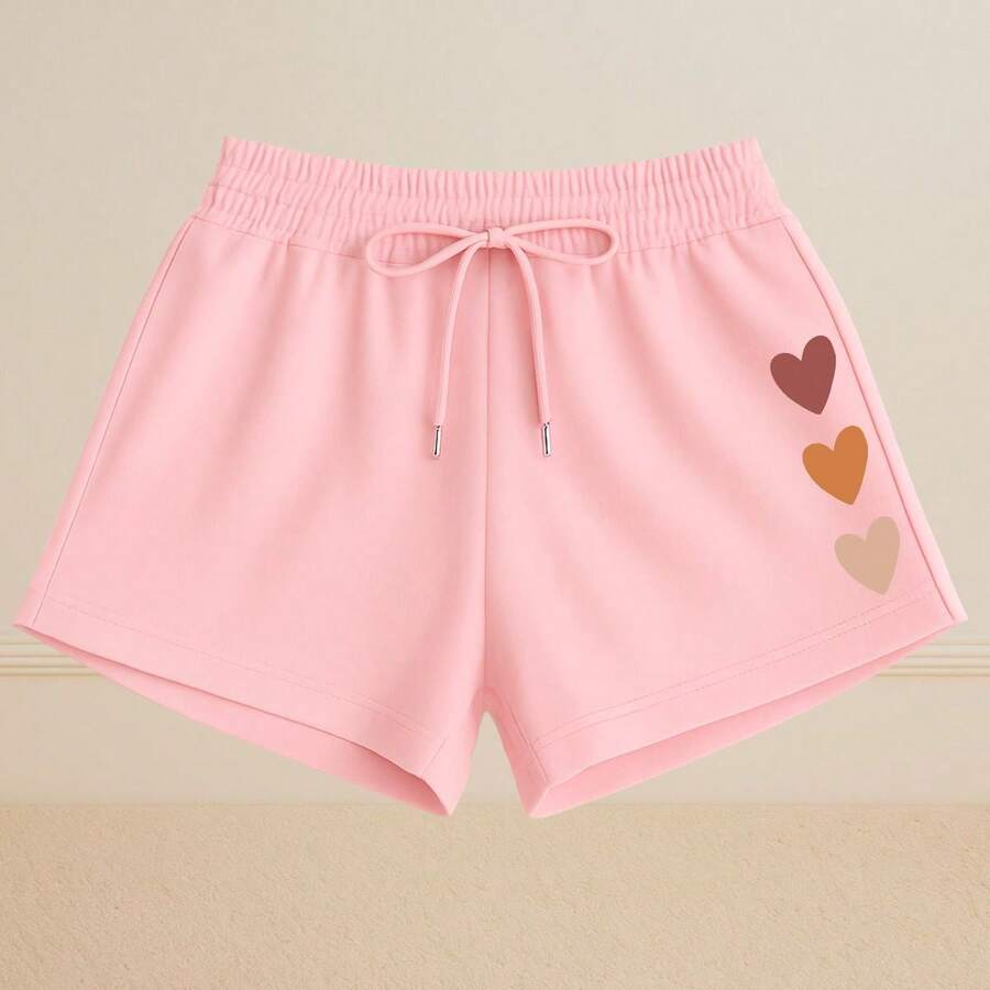 Women's Basic Sweat Shorts Casual Everyday Comfort Heart Print - 淺粉色 - 查看 1