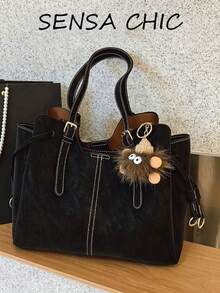 Fashion Large Capacity Tote Bag Adjustable Double Handles Detachable Wide Crossbody Strap Lovely Fluffy Ornament Suitable For Office Daily Outing - Black - View 6