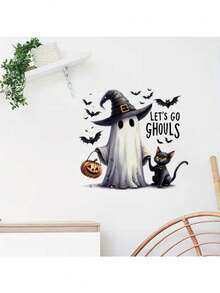 2PCS Wizard Ghost Black Cat Pumpkin Bucket Bat Let's Go Ghoul Watercolor Halloween Removable Self-Adhesive Wall Decals Suitable For Restaurant Living Room Kitchen Cute Ghost Holiday Home Decor - Wizard Ghost Black Cat - View 5