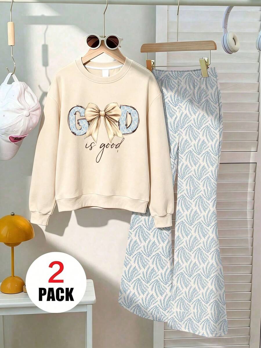 2pcs/Set Girls Bow "GOD" Print Crew Neck Long Sleeve Sweatshirt And Leopard Print Flare Pants, Fashion Casual, Suitable For Autumn/Winter - Multicolor - View 1
