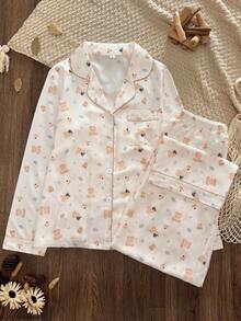 Women's Cute Teddy Bear Long Sleeve Long Pants Pajama Set, Cartoon Bear Heart Print 2 Pieces Loungewear, With Pockets And Button-Up Top - White - View 1