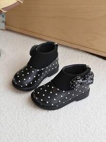 1 Pair Baby Polka Dot Boots, Thermal Lined Warm Princess Boots With Back Zipper Design, Soft Sole Anti-Slip Fashion Boots - Black - View 2