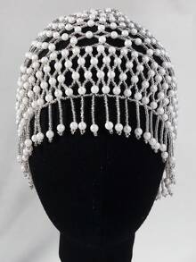 1920年代復古風珍珠流蘇頭飾，新娘婚禮派對頭飾，小眾手工編織仿珍珠流蘇面紗帽，復古風攝影造型頭飾 - 銀色 - 查看 5