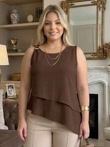 Blusa Duna Plus Size Regata Assimétrica Elegante - Cafe - Visão 3