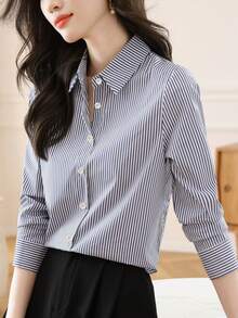 Women's Striped Long Sleeve Button-Up Collar Shirt, Suitable For Autumn Office Wear, Non-Stretch Polyester Fabric, Regular Fit. - Navy Blue - View 12