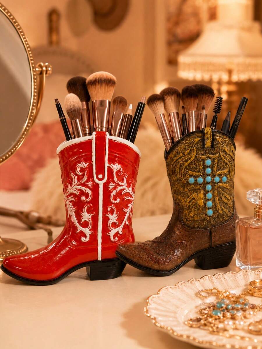 1pc Western Cowboy Boot Makeup Brush Holder, Vintage Cowboy Boot Vase & Cosmetic Storage Box, Multi-Functional Pen Holder Desktop Organizer, Vanity Storage Rack, Country Farm Style Western Bedroom Bathroom Decor, Gift For Women - New Style - View 1