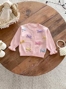 Girls' Gentle Style Pink Knitted Cardigan, 3D Macaron Colorful Bow Ruffle Sleeve Children's Jacket - Pink - View 3
